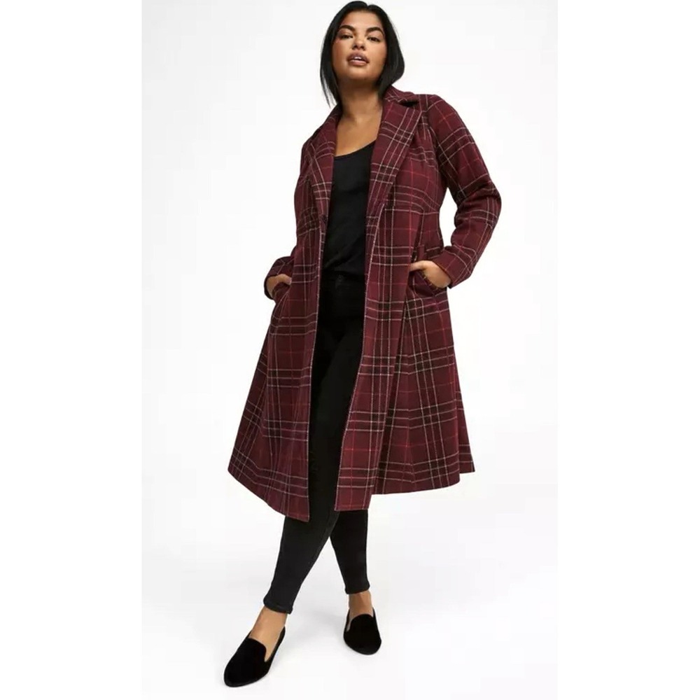 NEW! Torrid Plaid Coat Softest Tie Front Coat Study Wine Tasting Burgundy SZ 3X